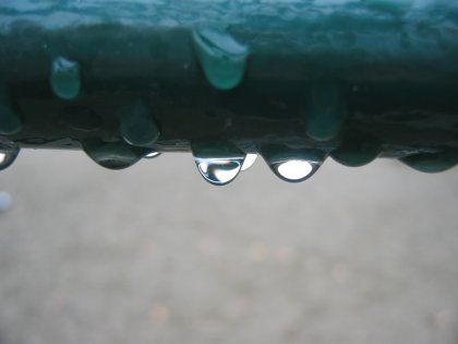 Water droplets on a blue bar in the playground