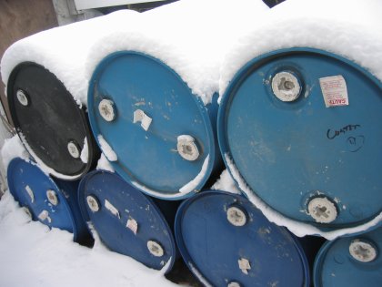 Snow covered raft barrels