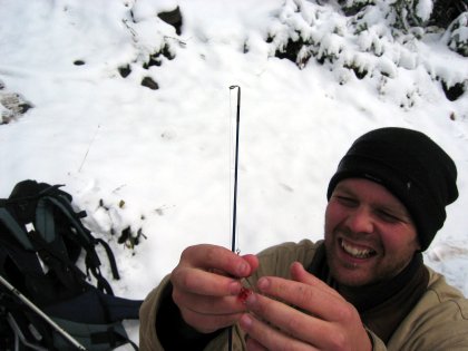 Catch of the day\nBo snags his own finger with a fishing hook