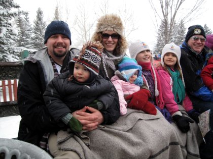 Our family on a horse-drawn sleigh at Heritage Park